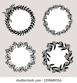 A set of four round frames with floral elements in black and white isolated on taupe background. Elegant and stylish vector design elements, stamps, stickers, labels with space for text.