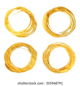 Set of four round gold textured frames. Design element for inscription, banner, card, invitation, postcard, poster. Vector illustration.