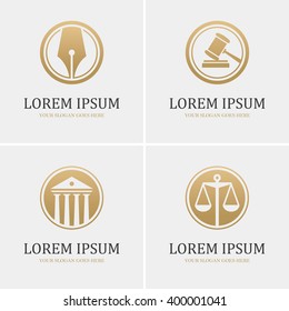 Set of four round golden law icons with scales, gavel, fountain pen and courthouse. Can be used as logo design template for law firm or company, lawyer or attorney office, legal and justice concept.