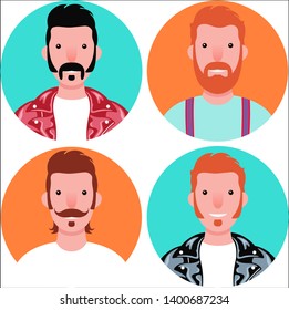 Set of four round icons of happy young man with sideburns, mustache and soul patch isolated on green and orange background