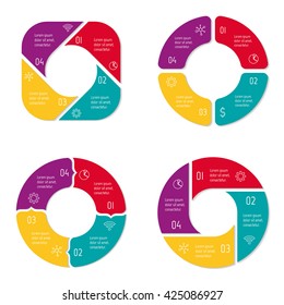 Set of four round infographic diagrams with 4 options. Isolated paper sequence banners for tutorial. EPS10 progress steps templates.