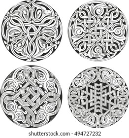 Set of four round knot decorative patterns in classic artistic style for illustrative purposes