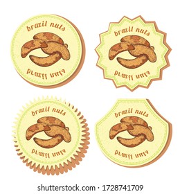 Set with Four Round Labels for Brazil Nuts Isolated on White Background. Different types of Labels or Stickers for Food Market with Colored Image of Brazil Nuts. Vector EPS 10 Vector Illustration.