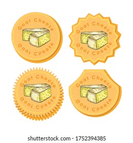 Set with Four Round Labels for Goat Cheese with Texture and Frame. Different types of Labels or Stickers for Food Market with Colored Image of Goat Cheese. Vector EPS 10 Vector Illustration.