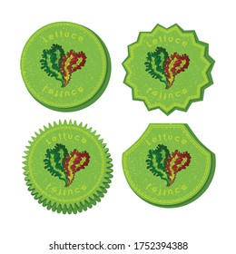 Juego con cuatro etiquetas redondas para lechuga con textura. Diferentes tipos de etiquetas o pegatinas para el mercado de alimentos con imagen de color de lechuga roja y verde. Ilustración de vectores EPS 10.