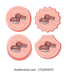 Juego con cuatro etiquetas redondas para Salmón con textura y marco. Diferentes tipos de etiquetas o pegatinas para el mercado de alimentos con imágenes de color de la porción de salmón. Ilustración de vectores EPS 10.