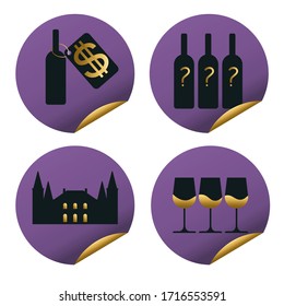 set of four round labels or stickers for wine business industry on purple background with gold elements - blind tasting, three glasses, price tag, chateau provenance - flat vector illustration