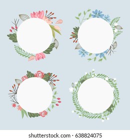 Set of four round lovely floral frame designs for your card or invitation on blue background