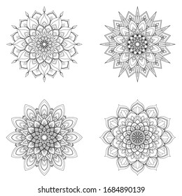 Set of four round mandalas for greeting card, invitation, Henna drawing and tattoo template. Vector illustration