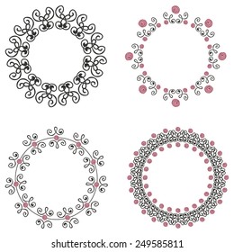 Set of four round ornate vintage frames. Hand drawn design elements with pink roses