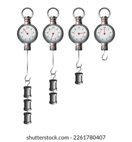 Set of four round pointer dynamometers with scales and different weights isolated on a white background. Dynamometer. Force measuring instrument. Dynamometer for physics and scientific purposes.