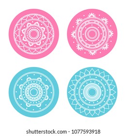 Set of four round shapes with mandala ornament inside. Vector symmetrical pattern illustration.