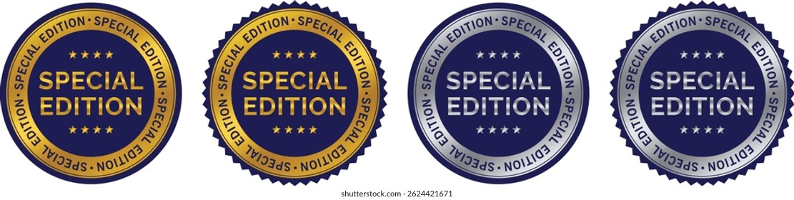 set of four round special edition badges in gold, blue, and silver colors with stars, used for exclusive product labels, packaging, and branding	