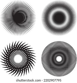 Set of four round sunburst radiant lines. Geometric circular vortex shape vector illustration