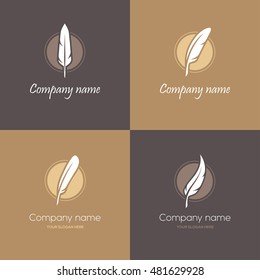 Set of four round symbols with feathers in brown and golden colors. Can be used as logo for law firm, lawyer or writer, literary or educational concepts, etc.