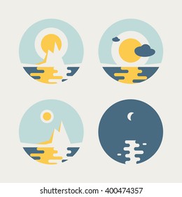 Set of four round vector abstract icons with sun and moon over the island and sea