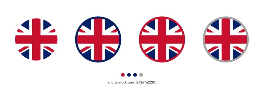 Un conjunto de cuatro iconos vectoriales redondos con la bandera del Reino Unido (Union Jack). Diseños planos simples ideales para la identidad nacional, el patriotismo y la representación internacional sobre un fondo blanco.