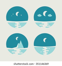 Set of four round vector icons with moon over the sea