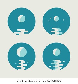 Set of four round vector icons with moon over the sea