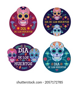 A set of four round vector stickers dedicated to the Mexican Day of the Dead 