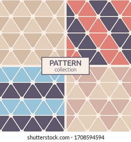 Set of four rounded triangles seamless patterns. Modern stylish geometric texture. Retro colors. Colorful mosaic backdrops. Vector color backgrounds.