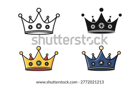 Set of four royal crowns showcasing different styles and colors, ideal for concepts of monarchy, power, and success. Suitable for branding, design, and educational materials.