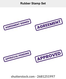 Set of four rubber stamp designs with messages like Agreement Signed, Approval Pending, Agreement, and Approved on a clean white backdrop, featuring clear communication.
