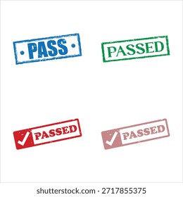 Set of Four Rubber Stamp Icons Marked "PASS" or "PASSED" with Checkmarks, Examination, Approval, and Grade Status Vector Illustration
