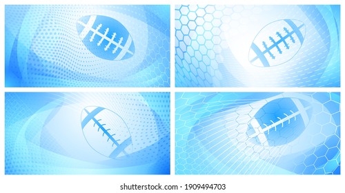 Set of four rugby backgrounds with big ball in light blue colors