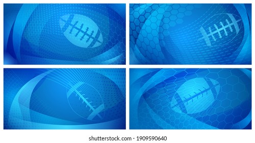 Set of four rugby backgrounds with big ball in blue colors