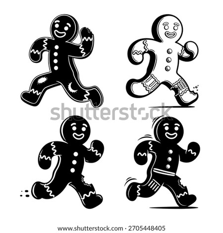 Set of four running gingerbread men silhouettes Christmas vector icons on white background