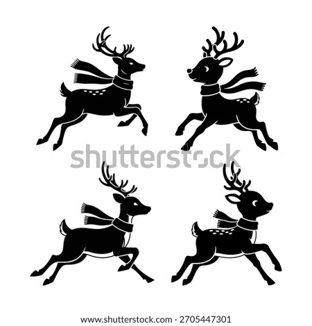 Set of four running reindeer silhouettes with scarves Christmas vector icons