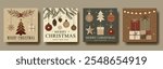 Set of Four Rustic Farmcore Christmas and New Year Greeting Cards: Featuring Pine Branches, Ornaments, Gifts, and Stars in Warm Earthy Tones for Festive Holiday Celebrations	
