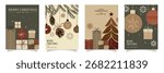 Set of Four Rustic Farmcore Christmas and New Year Greeting Cards: Featuring Pine Branches, Ornaments, Gifts, and Stars in Warm Earthy Tones for Festive Holiday Celebrations 