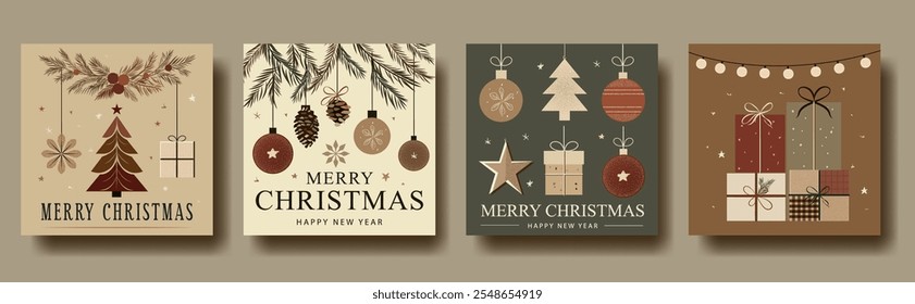 Set of Four Rustic Farmcore Christmas and New Year Greeting Cards: Featuring Pine Branches, Ornaments, Gifts, and Stars in Warm Earthy Tones for Festive Holiday Celebrations	
