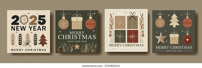 Set of Four Rustic Farmcore Christmas and New Year Greeting Cards: Featuring Pine Branches, Ornaments, Gifts, and Stars in Warm Earthy Tones for Festive Holiday Celebrations	