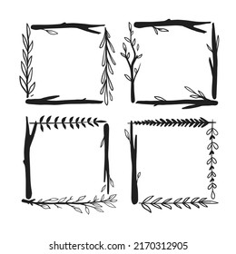 Set of four rustic square frames. Natural frames and borders with sticks and leaves. Vector natural frames. 