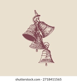 Un conjunto de cuatro campanas de metal rústicas y texturizadas que cuelgan de un anillo, representadas en un estilo de boceto clásico dibujado a mano.