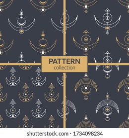 Set of four sacred geometric symbols seamless patterns. Modern stylish texture.  Linear style. Interior design, digital paper, web, textile print, package. Vector color backgrounds.