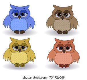 A set of four sad multicolored owls with surprised eyes and spread out wings, with a pattern on the sternum and wings