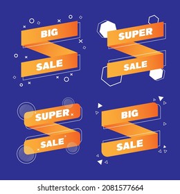 Set of Four Sale Banners in Memphis Style With Shapes in Orange Colors on Blue Background. Flat Vector Illustration