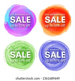 Set of Four Sale this weekend only up to 70% off sign with shadow over red watercolor spot. Vector illustration.