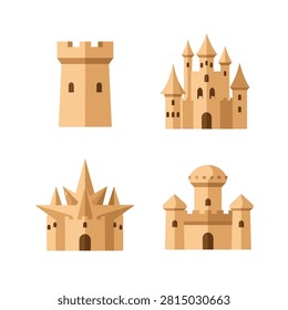 Set of four sandcastle icons in flat design style. Four distinct sandcastle illustrations featuring towers, battlements, and sharp spires in shades of tan and brown. Flat minimalist aesthetic. Ideal for summer branding or mobile game assets.