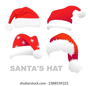 Set of four Santa Claus hats. Beautiful red Santa hats isolated on a white background. Christmas elements for the design of a Christmas card. Vector illustration.