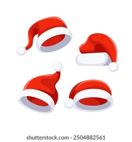 Set of four santa claus hats falling against a white background, perfect for holiday themed designs