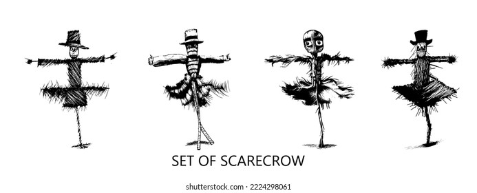 Set four scarecrows on wooden sticks illustration. Halloween scarecrow pumpkin line icon vector. scarecrow pumpkin sign. isolated contou symbol black illustration. Happy halloween Trick or treat 