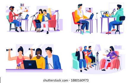 Set of four scenes about people recording video messages with microphone and laptop with webcam. Man is communicating with woman and working online. Arabian people give interviews on camera