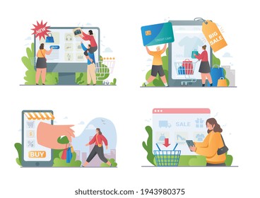 Conjunto de cuatro escenas que representan compras en línea con grupos familiares y personas que realizan compras y pagos usando aplicaciones en dispositivos digitales, dibujos animados planos de color ilustración vectorial. Metáfora abstracta