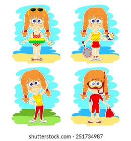 Set of four scenes with funny redheaded girls on vacation