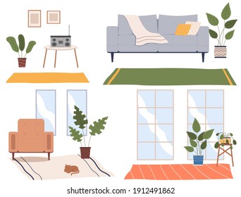 Set of four scenes of home interior. Cozy place of the room near window with chairs, sofa, table with a plant in a pot. Living room with a place for relax on the couch. Apartment room furniture